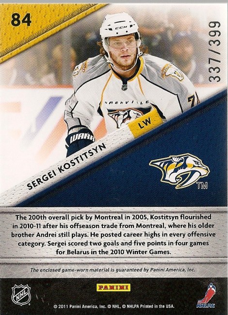 Sergei Kostitsyn 2011-12 Panini Certified Fabric of the Game Jersey #84    /399